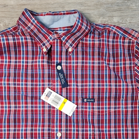 Chaps Red and Blue Plaid Button Down Shirt NWT Medium Short Sleeve - Picture 2 of 4